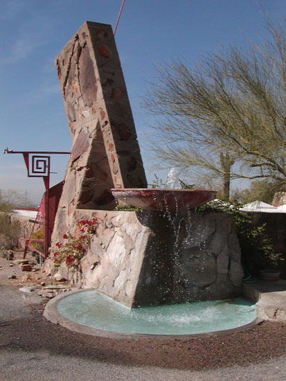 Taliesin West Entry with fountain and indian "clapsed hands" design